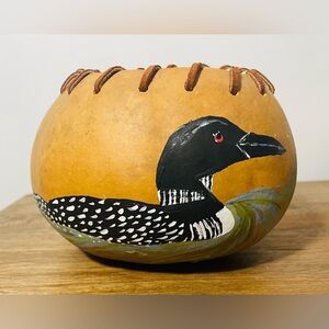 Hand Painted Gourd Art Loon On Lake Bird Nature Signed Craft Folk Rustic 2010